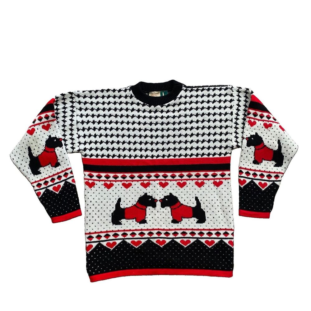 Vintage Wearguard Sweater Scottie Dog Graphic 90s Large Heart Black White